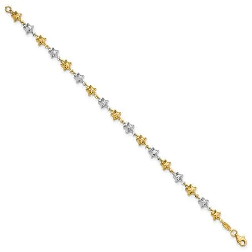 14k two-tone gold bracelet polished puffed star design. 7.75-inch