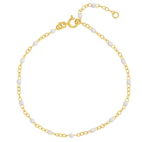 14K Yellow Gold White Enamel Bead Station 2mm Adjustable Chain Bracelet with Spring Ring, 7.5"