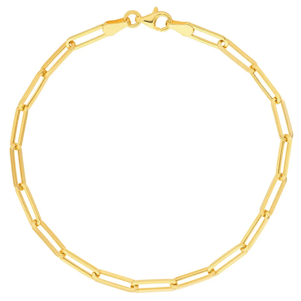 14K Yellow Gold, White Gold or Rose Gold 3.80mm Hollow Paperclip Chain Bracelets with Pear Lobster Lock