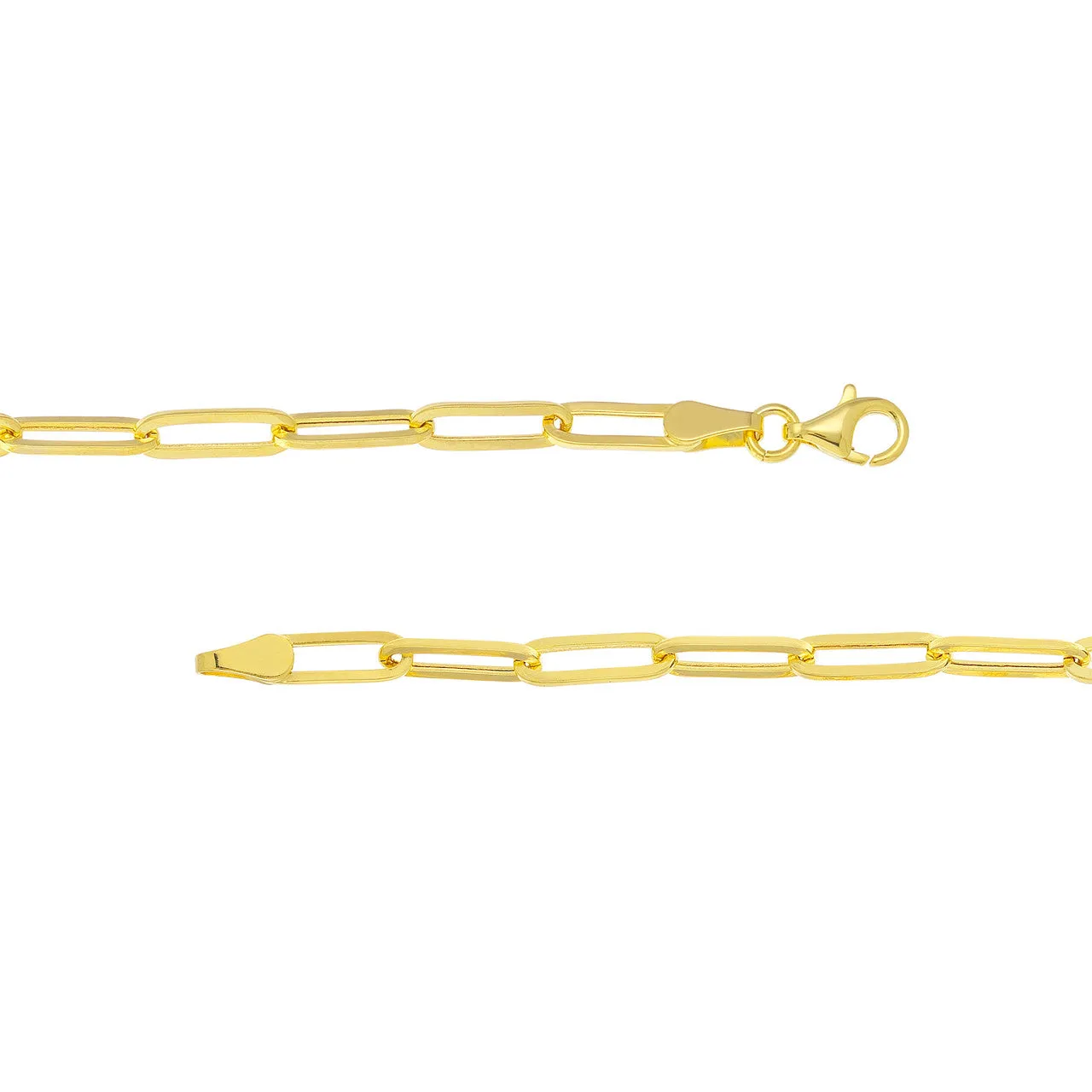 14K Yellow Gold, White Gold or Rose Gold 3.80mm Hollow Paperclip Chain Bracelets with Pear Lobster Lock