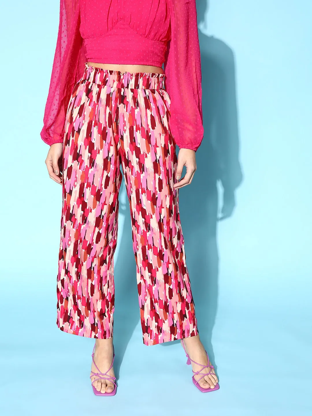 Berrylush Women Pink Abstract Printed High-Rise Elastic Waist Slip-On Pleated Trousers