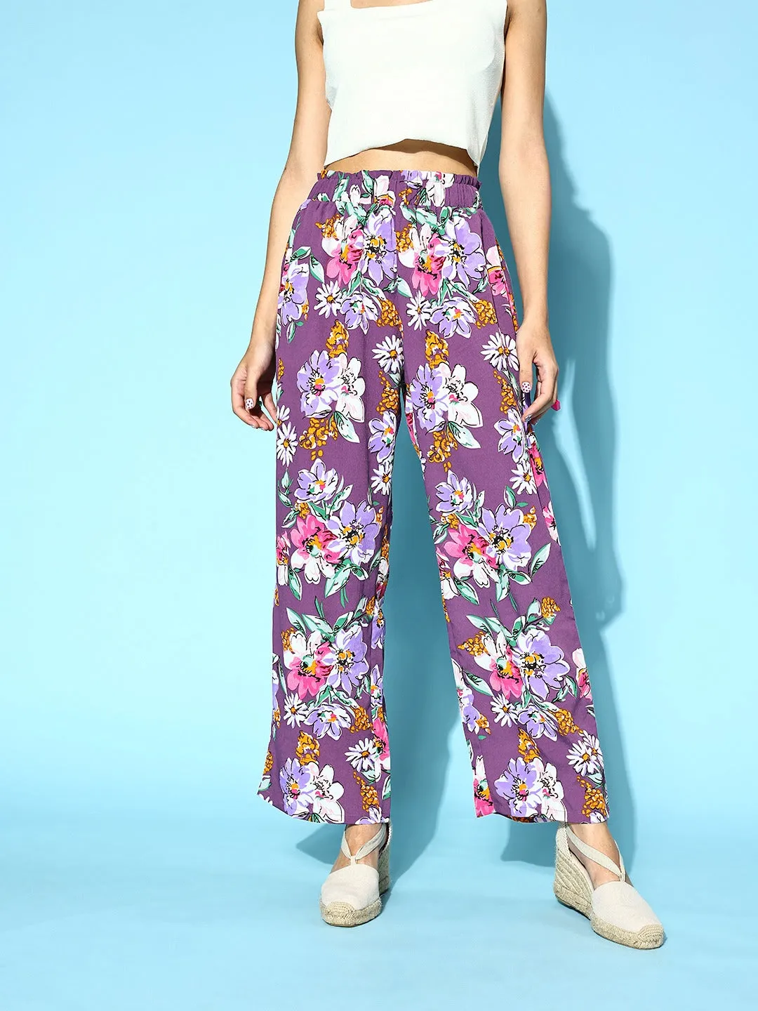 Berrylush Women Purple, Pink, & White Floral Printed High-Rise Elastic Waist Pleated Trousers