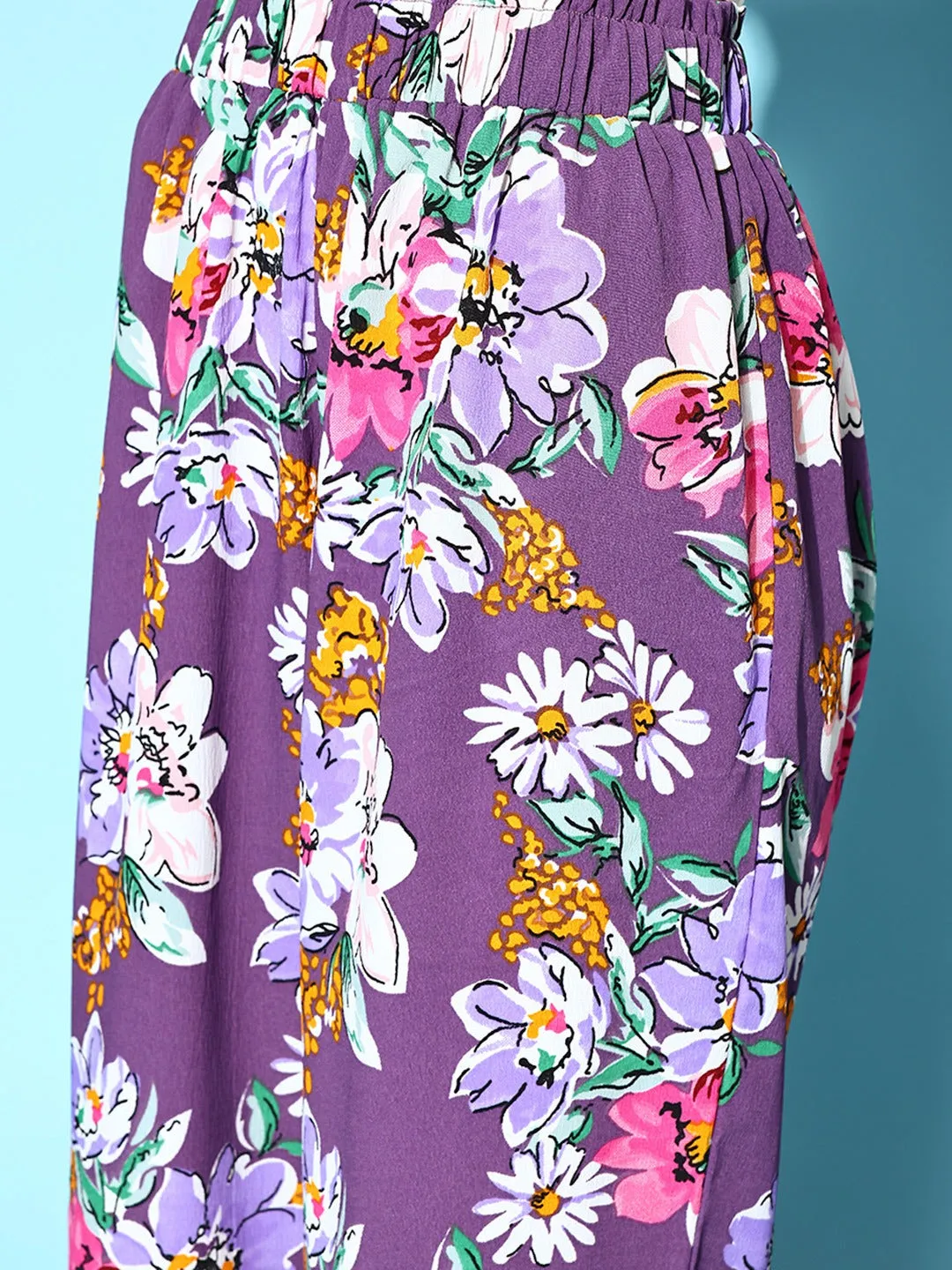 Berrylush Women Purple, Pink, & White Floral Printed High-Rise Elastic Waist Pleated Trousers