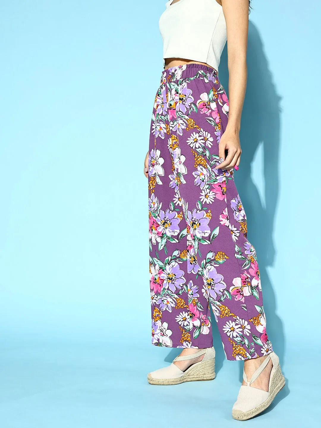 Berrylush Women Purple, Pink, & White Floral Printed High-Rise Elastic Waist Pleated Trousers