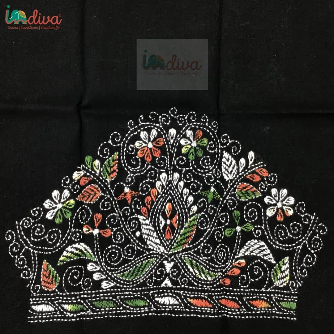 Black Kantha Blouse Fabric With White, Green, & Orange Motifs