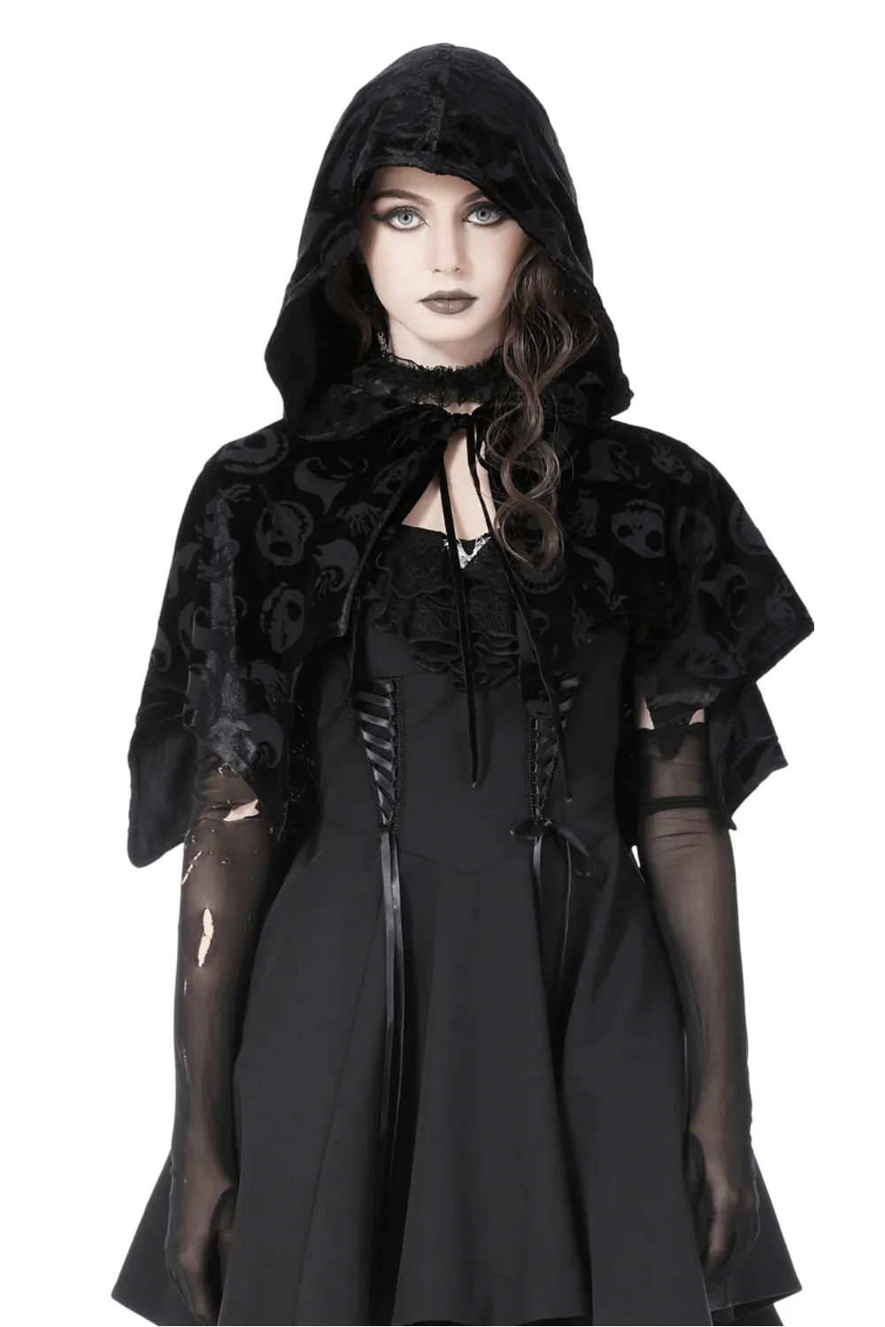 Black Velvet Hooded Cape With Skull Print Design