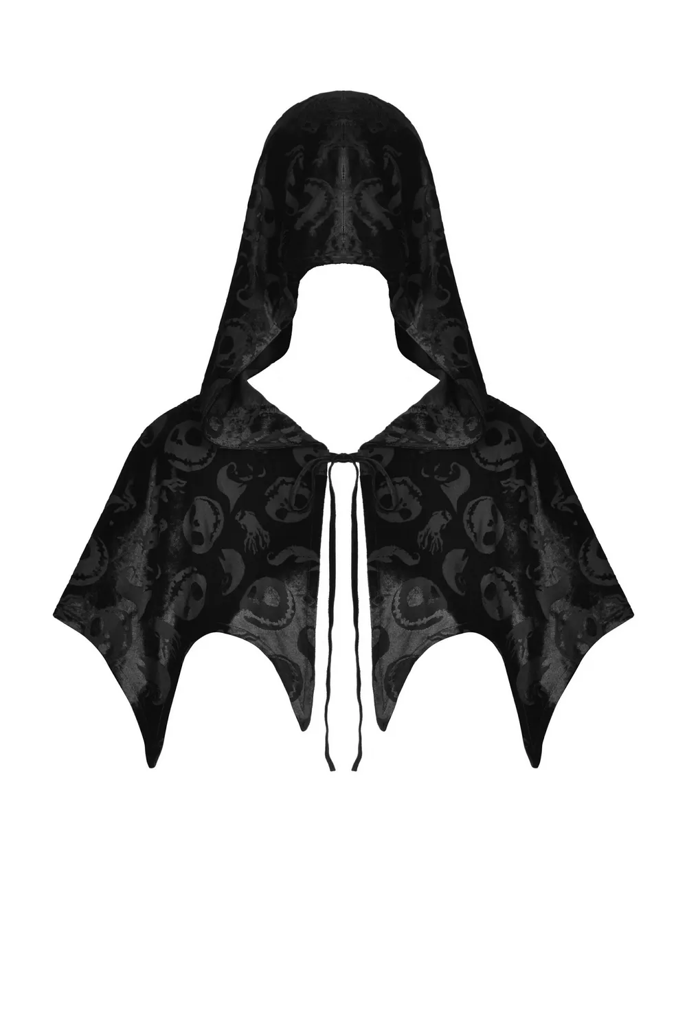 Black Velvet Hooded Cape With Skull Print Design