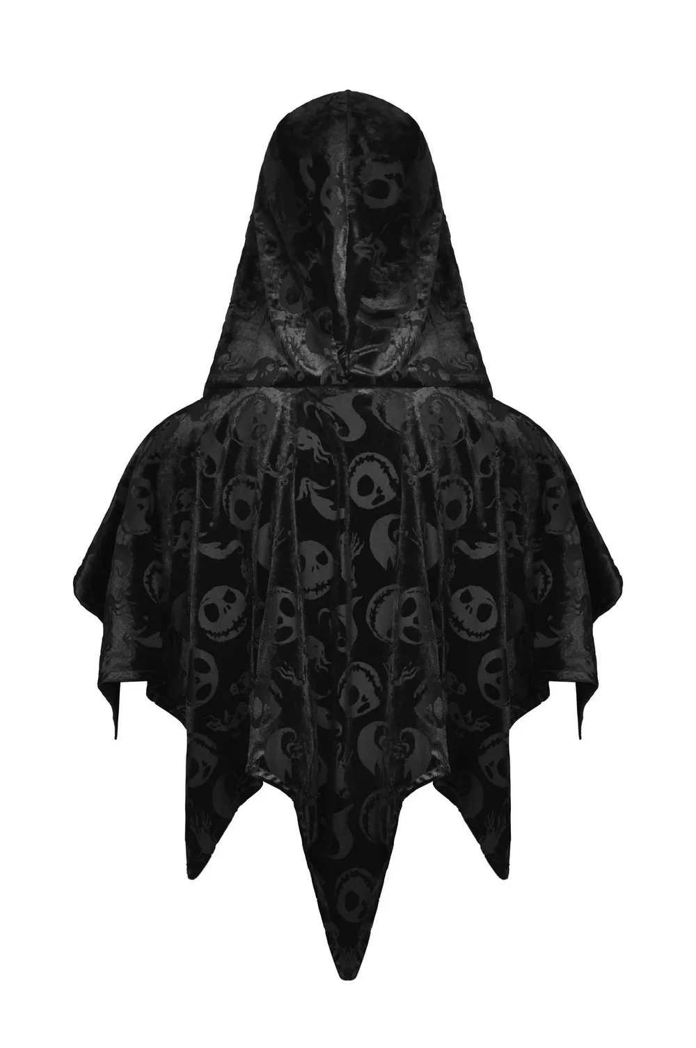 Black Velvet Hooded Cape With Skull Print Design