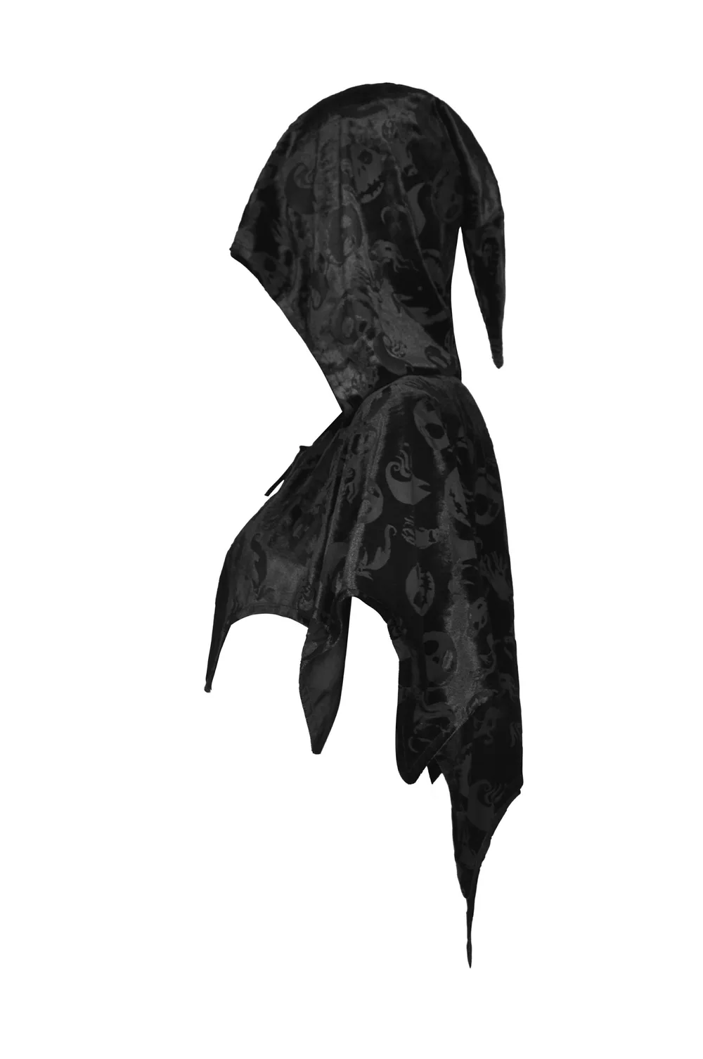 Black Velvet Hooded Cape With Skull Print Design