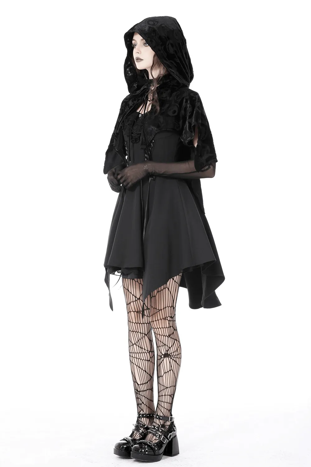 Black Velvet Hooded Cape With Skull Print Design