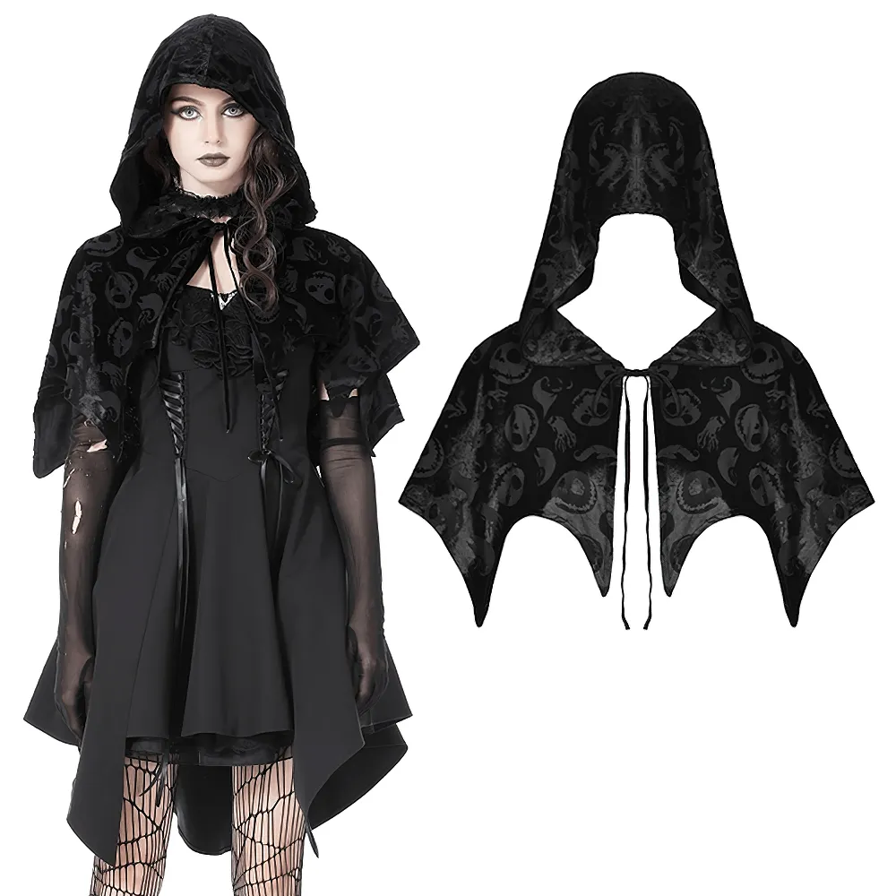 Black Velvet Hooded Cape With Skull Print Design