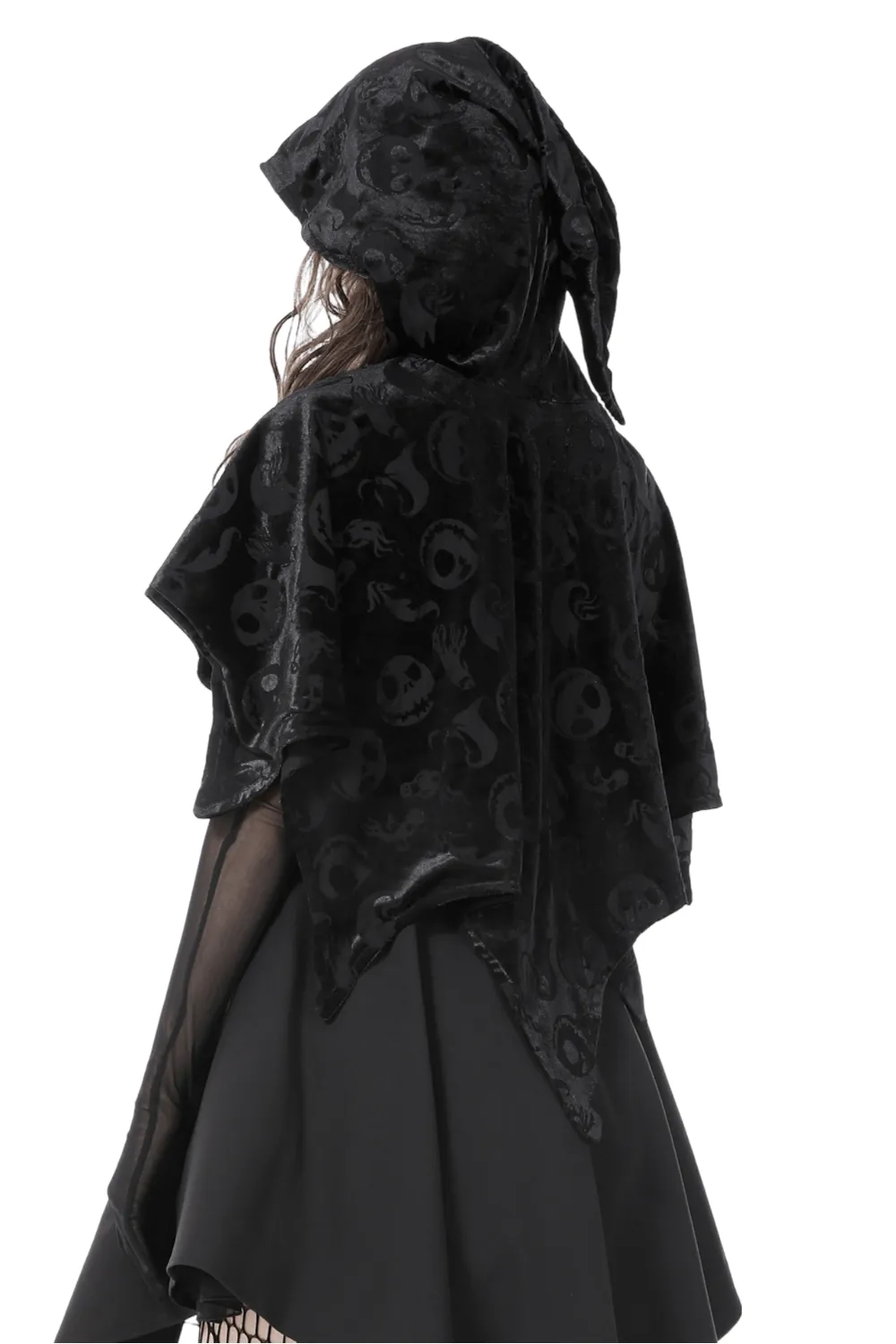 Black Velvet Hooded Cape With Skull Print Design