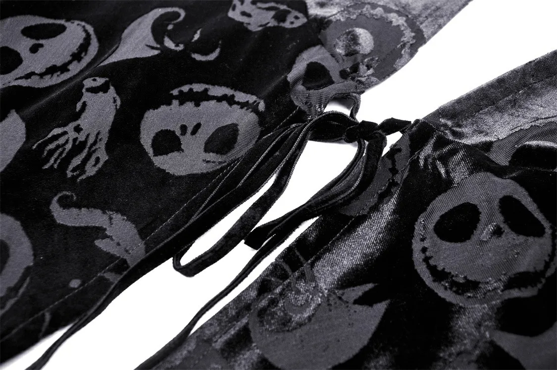 Black Velvet Hooded Cape With Skull Print Design