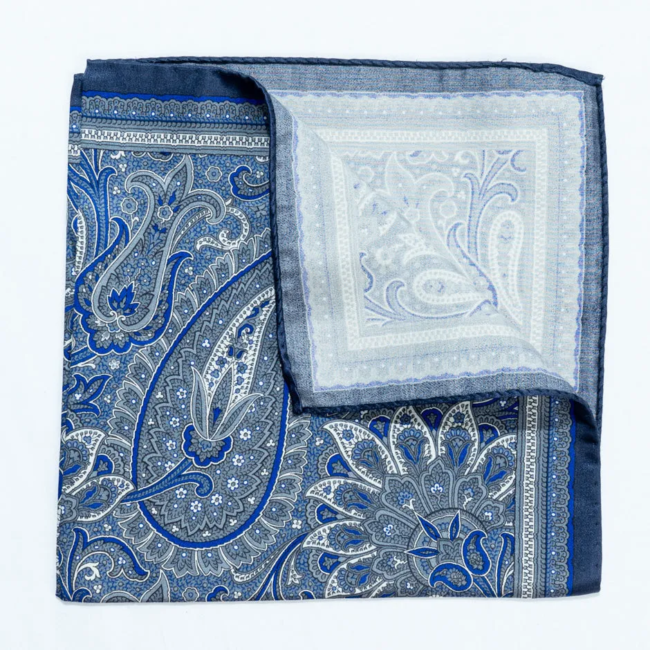 Blue & Grey Paisley Pure Silk Pocket Handkerchief