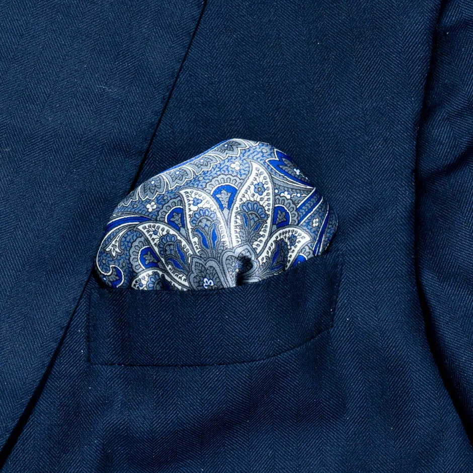 Blue & Grey Paisley Pure Silk Pocket Handkerchief