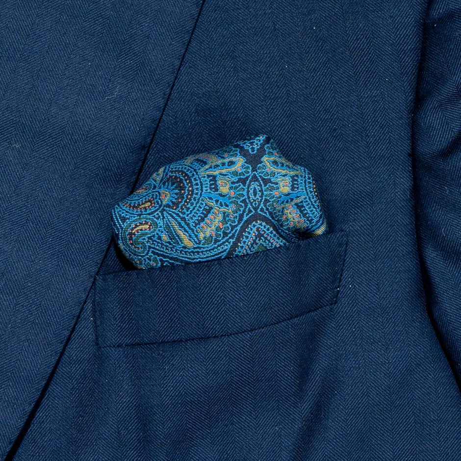 Blue Patterned Pure Silk Twill Pocket Handkerchief