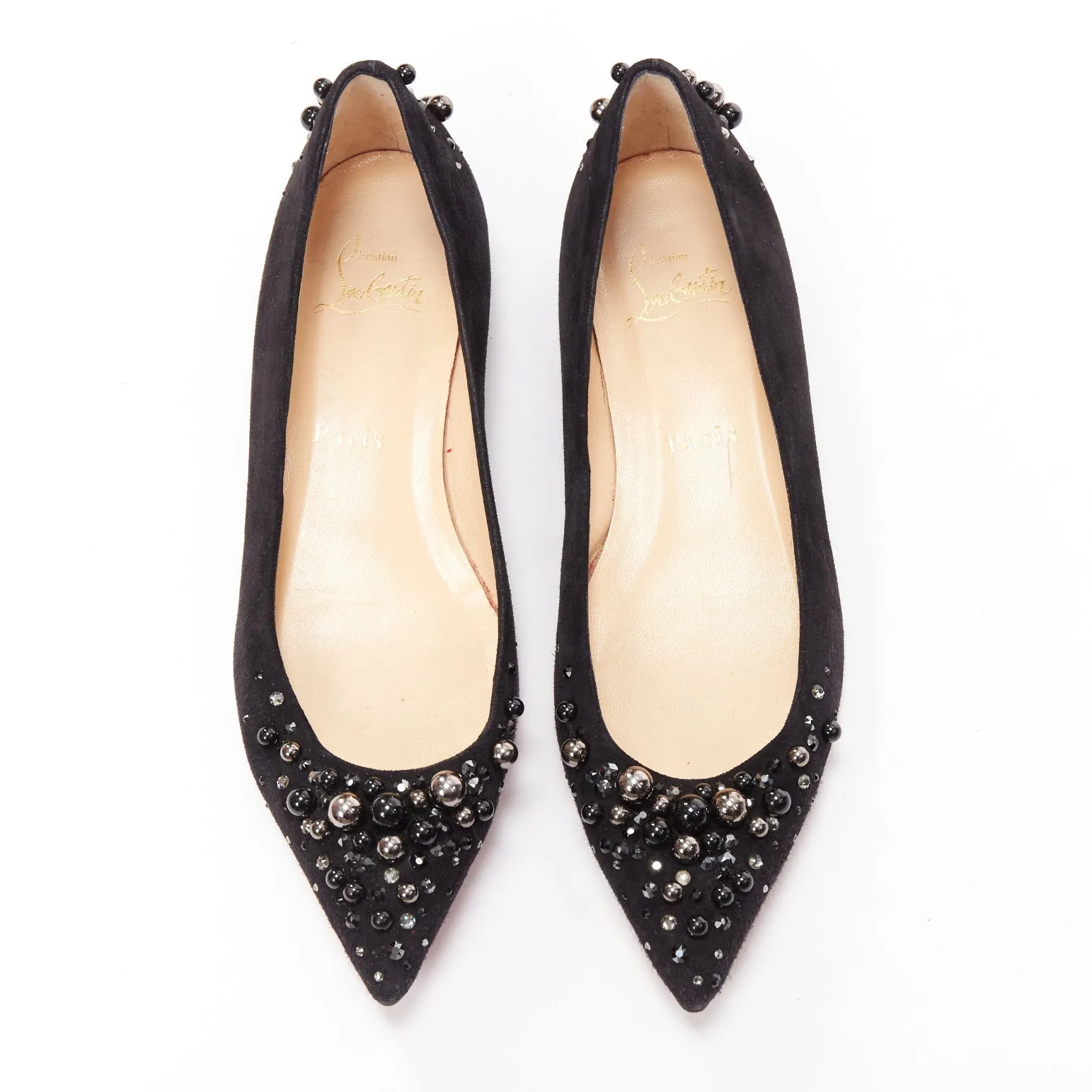 CHRISTIAN LOUBOUTIN Veau Velours black suede beaded embellished flats EU35.5