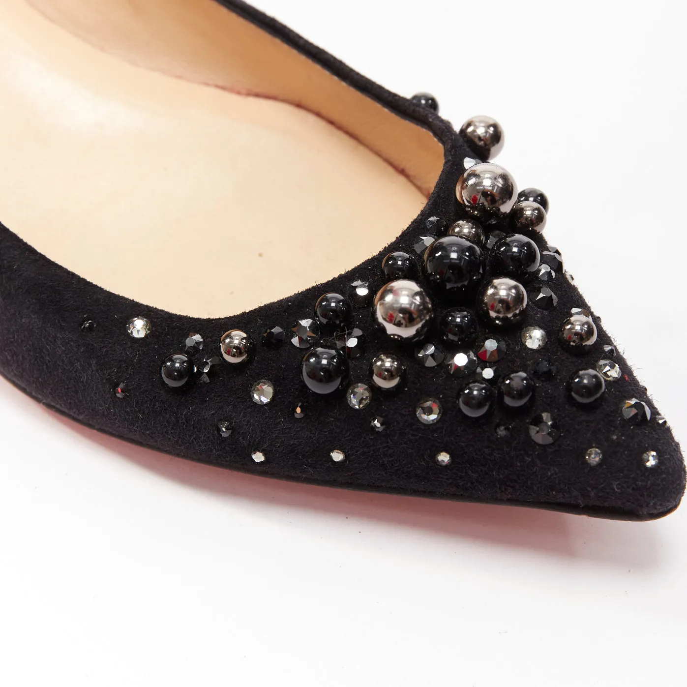 CHRISTIAN LOUBOUTIN Veau Velours black suede beaded embellished flats EU35.5