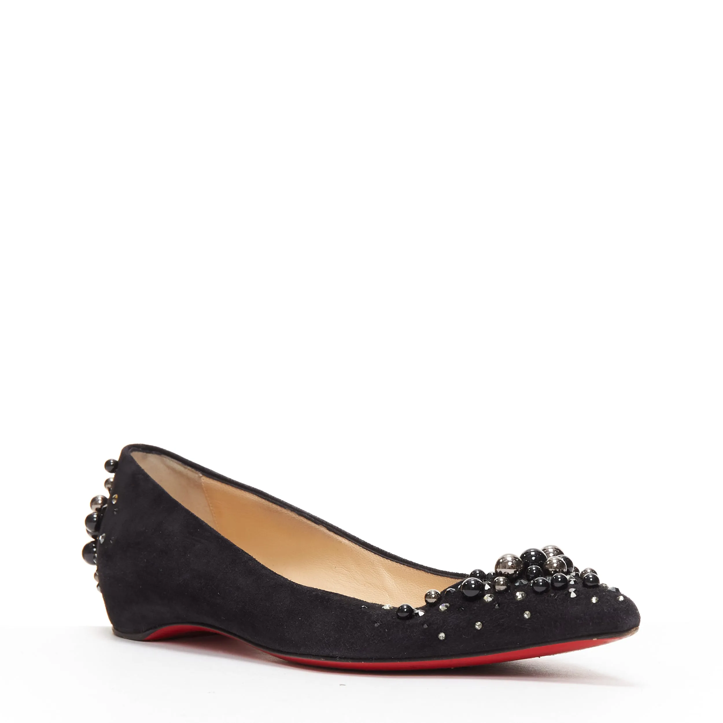 CHRISTIAN LOUBOUTIN Veau Velours black suede beaded embellished flats EU35.5