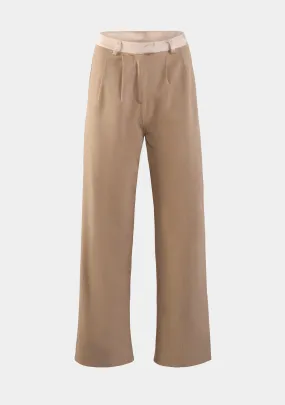 Contrast Satin Waist Pleat Detail Long Wide Pants