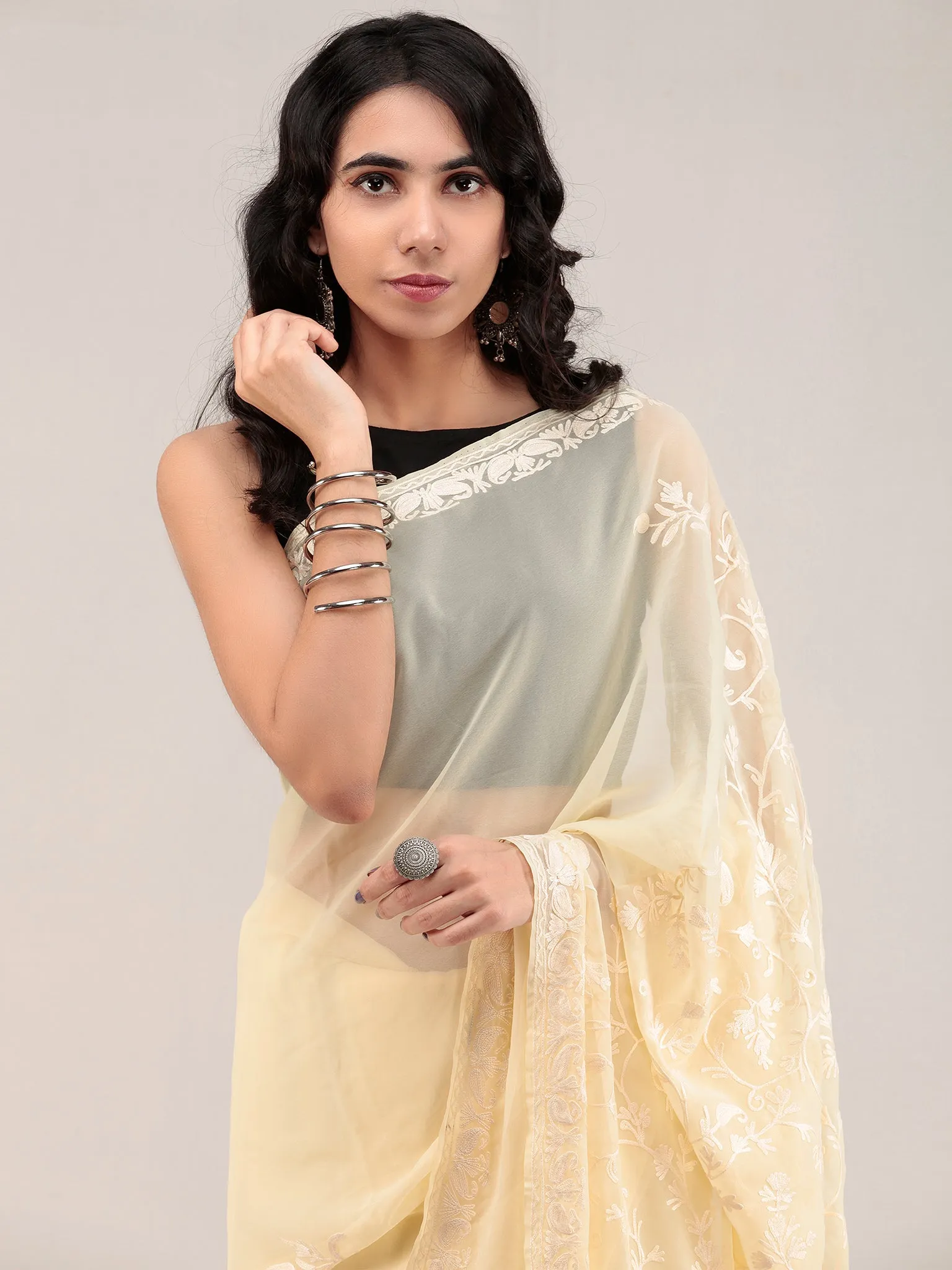 Cream Aari Embroidered Georgette Saree From Kashmir - S031704657