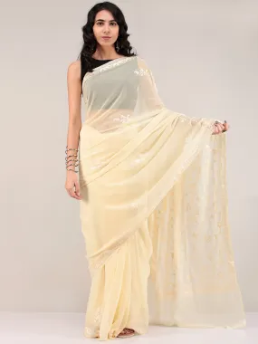 Cream Aari Embroidered Georgette Saree From Kashmir - S031704657