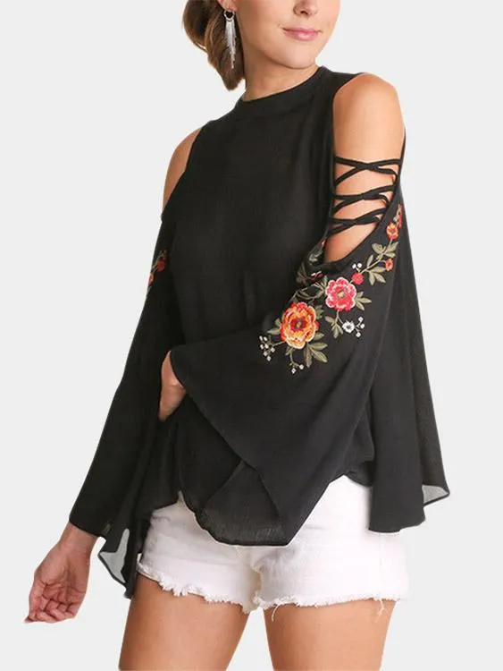 Custom Round Neck Cold Shoulder Embroidered Cut Out Long Sleeve Black Top