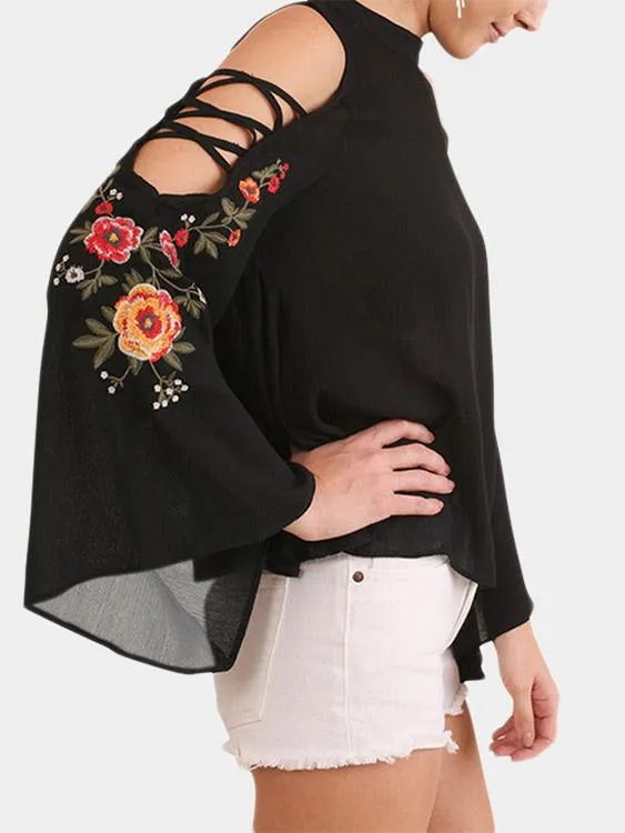 Custom Round Neck Cold Shoulder Embroidered Cut Out Long Sleeve Black Top