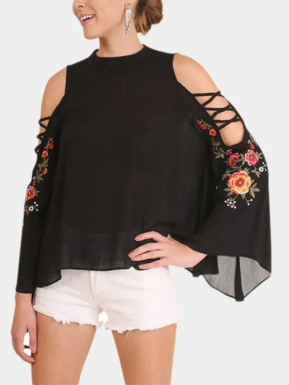 Custom Round Neck Cold Shoulder Embroidered Cut Out Long Sleeve Black Top