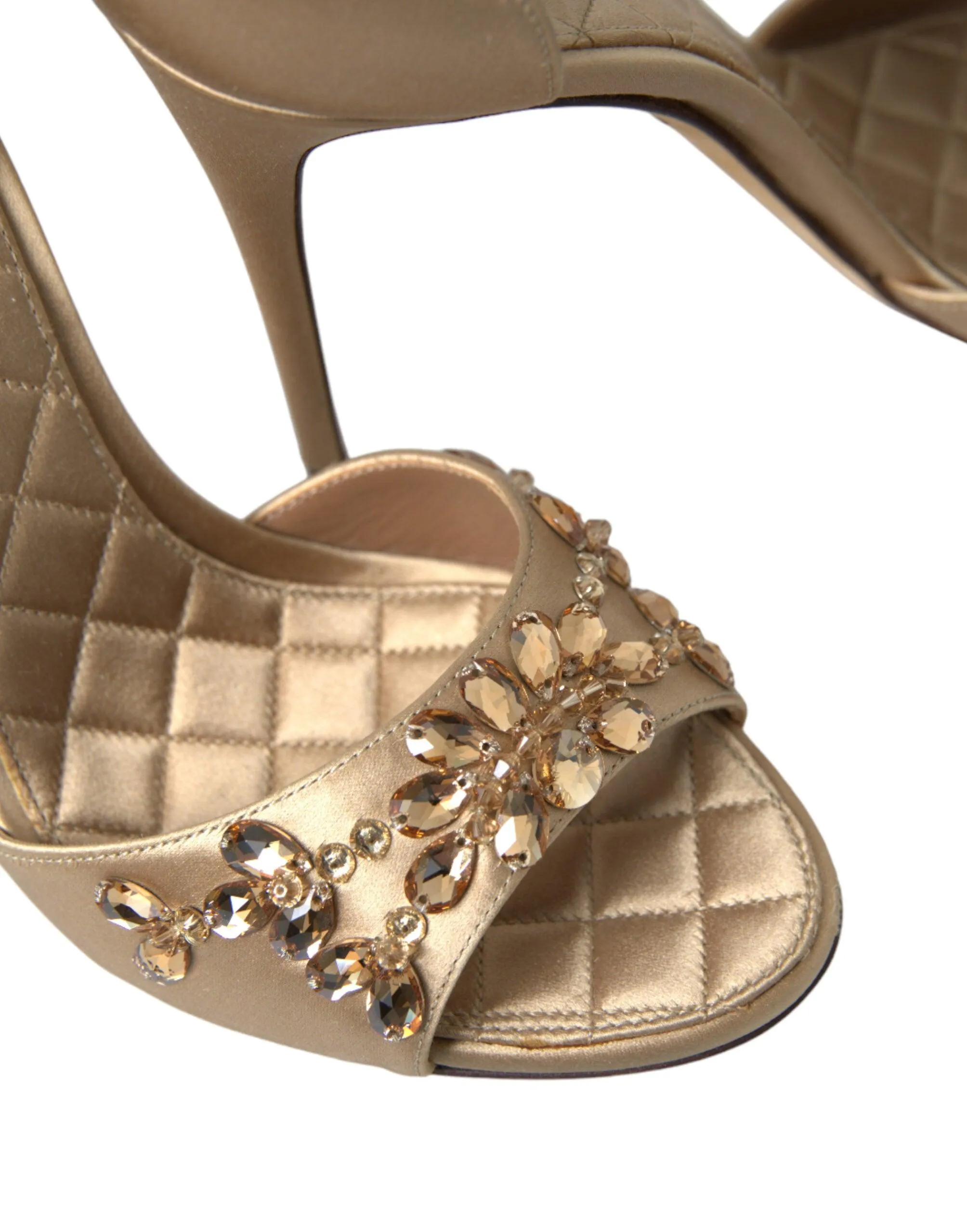 Dolce & Gabbana Gold Satin Ankle Strap Crystal Sandals Shoes