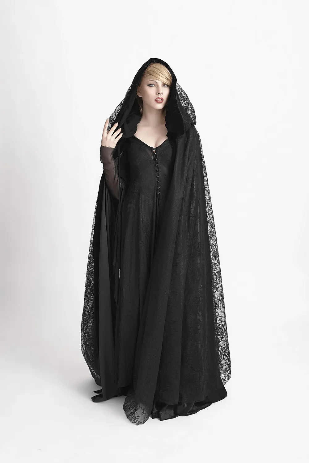 Elegant Black Lace Hooded Cloak for Mystical Style