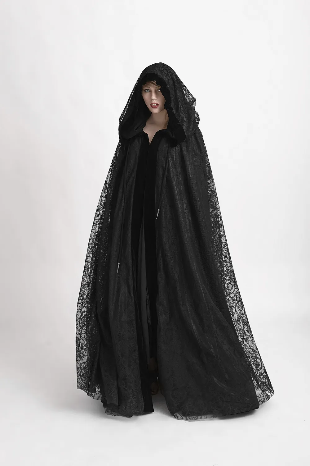 Elegant Black Lace Hooded Cloak for Mystical Style