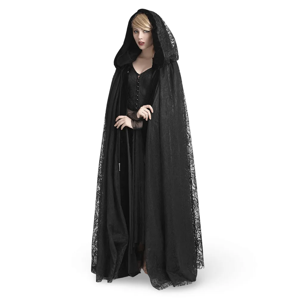 Elegant Black Lace Hooded Cloak for Mystical Style