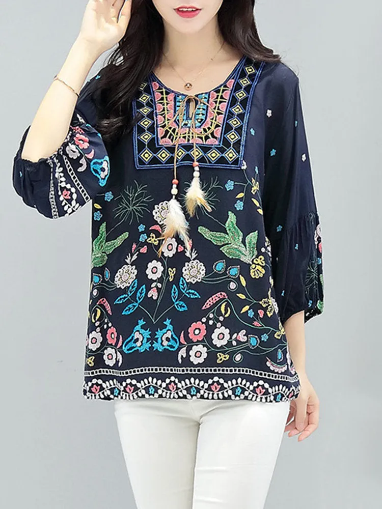 Embroidered 3/4 Sleeve Blouses