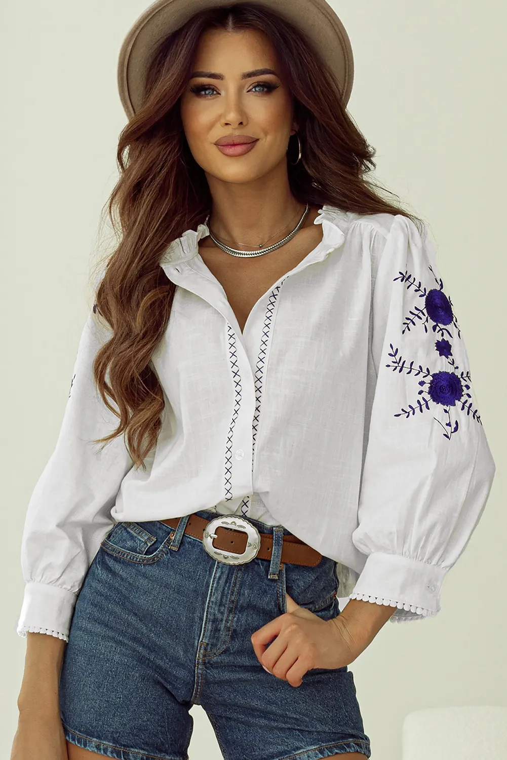 Embroidered Bracelet Sleeve Shirt