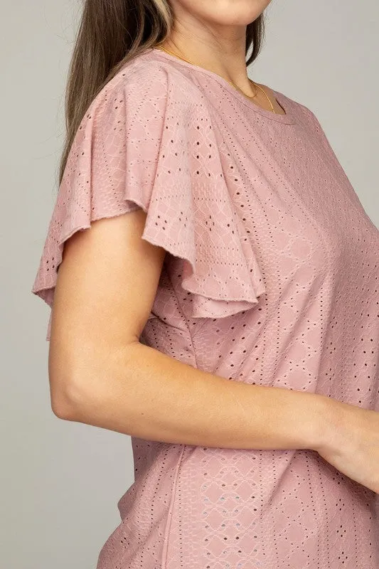 Embroidered eyelet top with wing sleeve