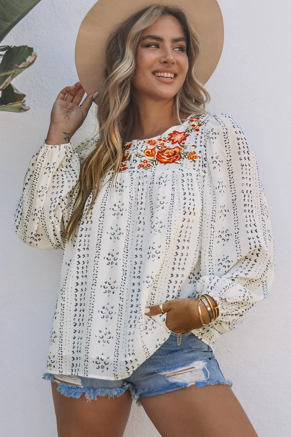 Embroidered Print Blouse