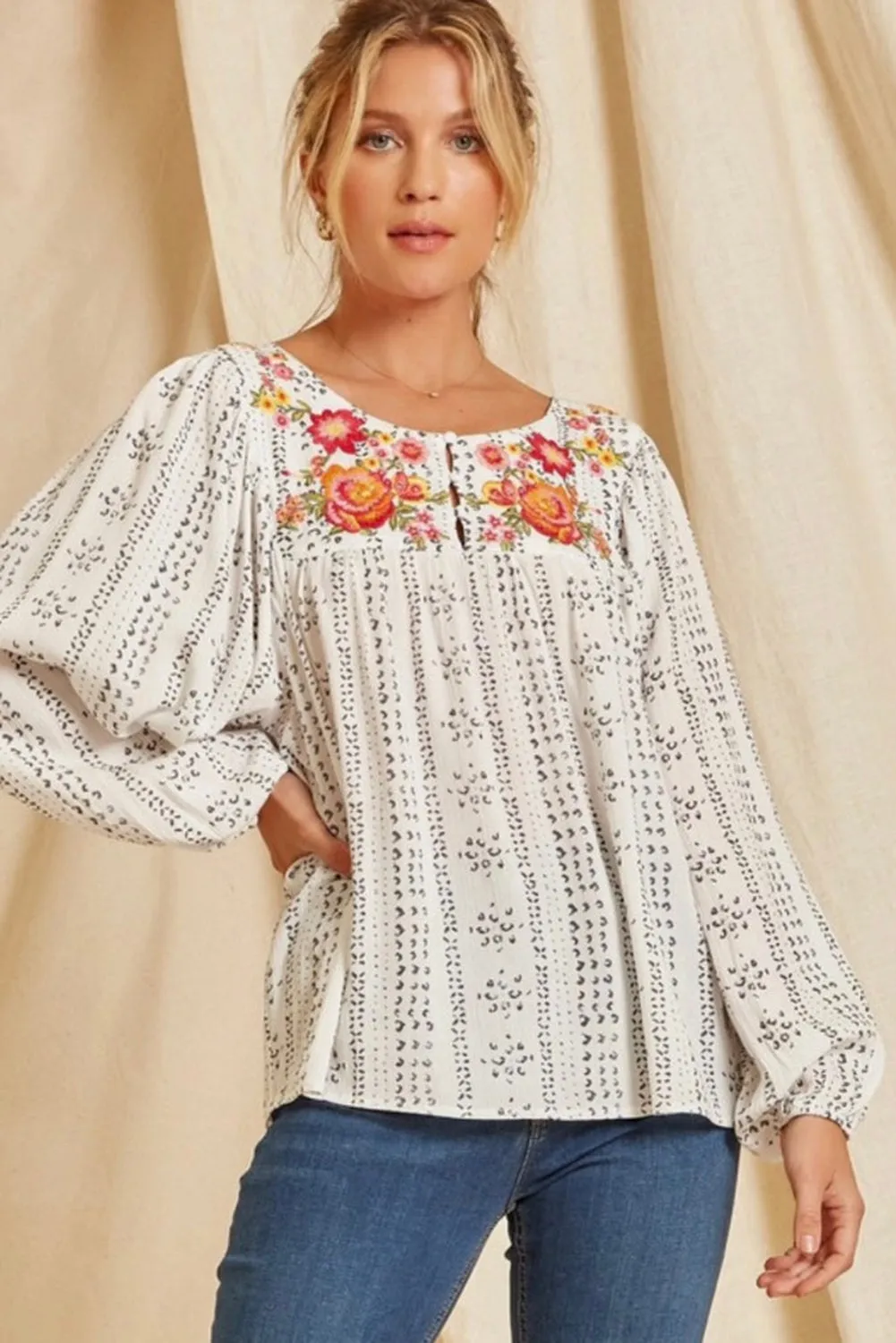 Embroidered Print Blouse