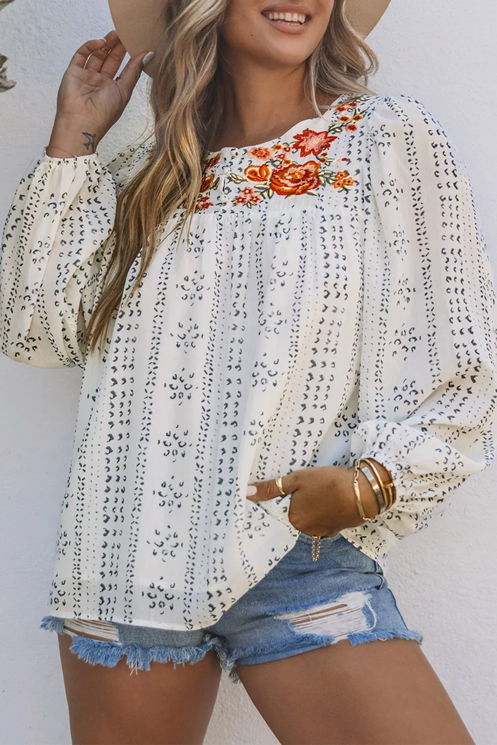 Embroidered Print Blouse