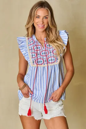 Embroidered Tassel Flutter Blouse