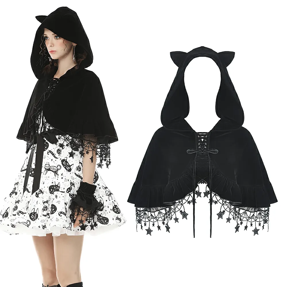 Enchanting Velvet Cat Ear Cape with Star Tassels