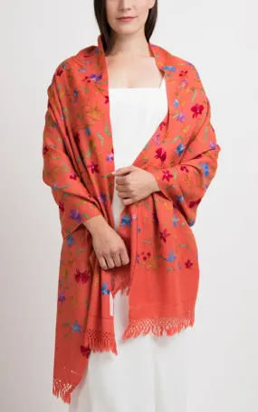 Ethereal Floral Orange Embroidered Wool Shawl