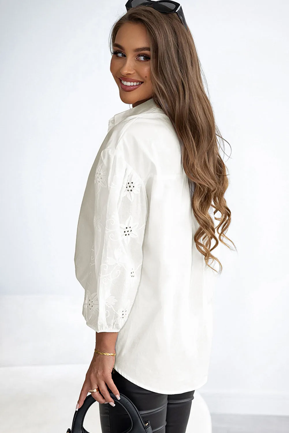 Eyelets Embroidered Puff Sleeve Shirt