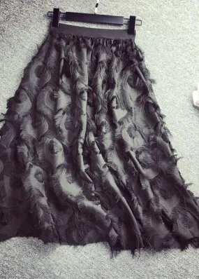 Feather Patterned Fringed High Waisted Chiffon Skirt