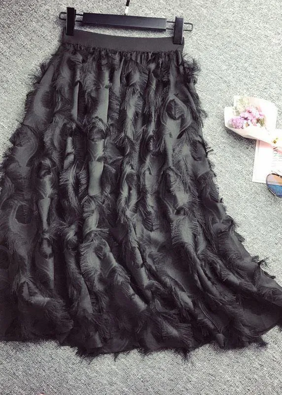 Feather Patterned Fringed High Waisted Chiffon Skirt