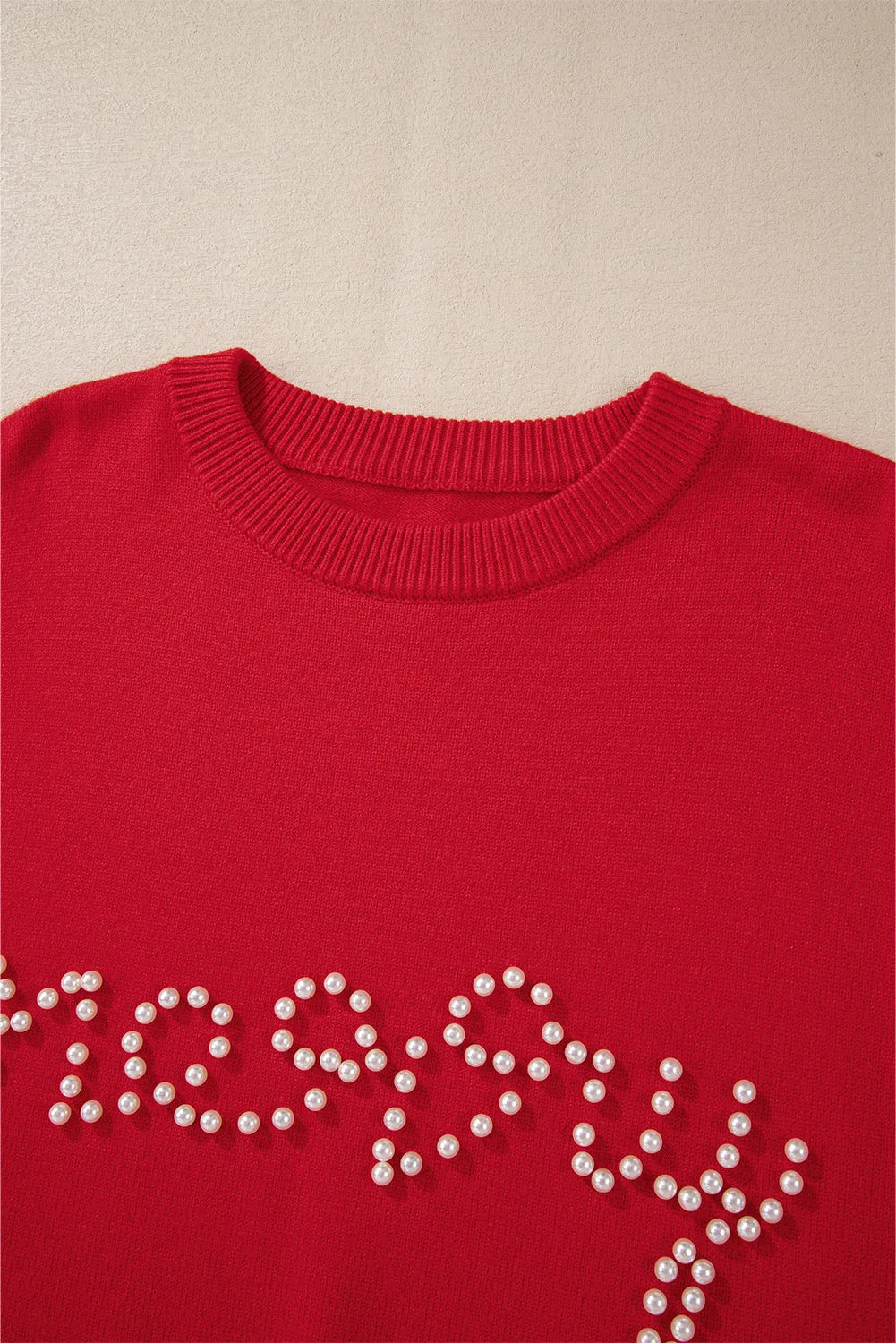 Fiery Red Pearl Beaded Merry Casual Sweater