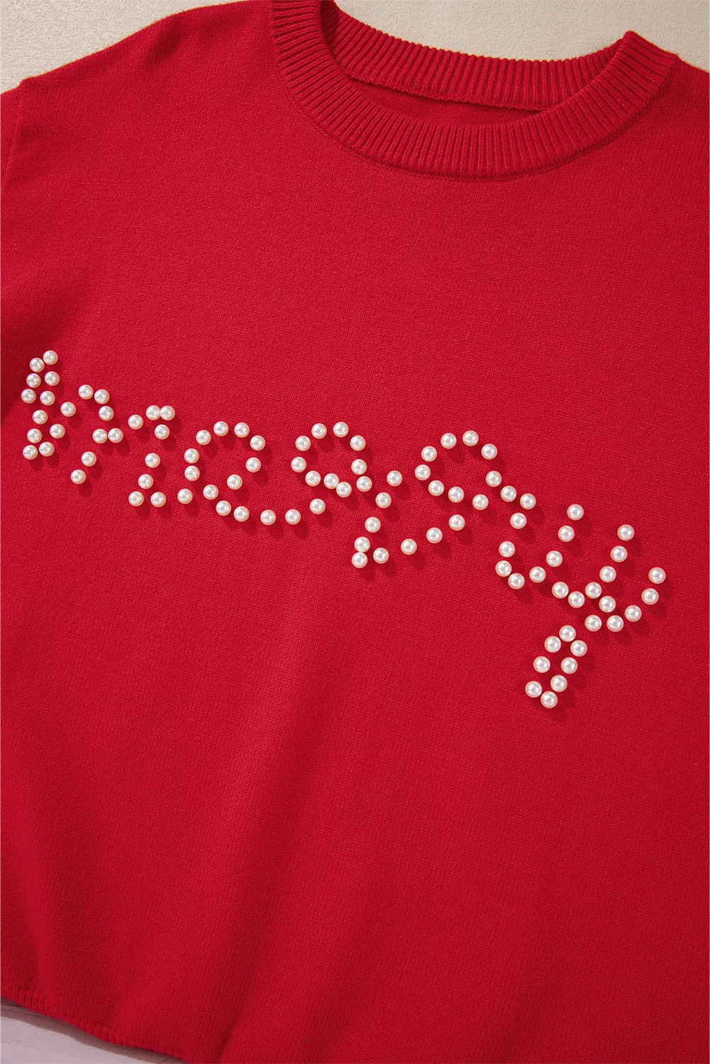 Fiery Red Pearl Beaded Merry Casual Sweater