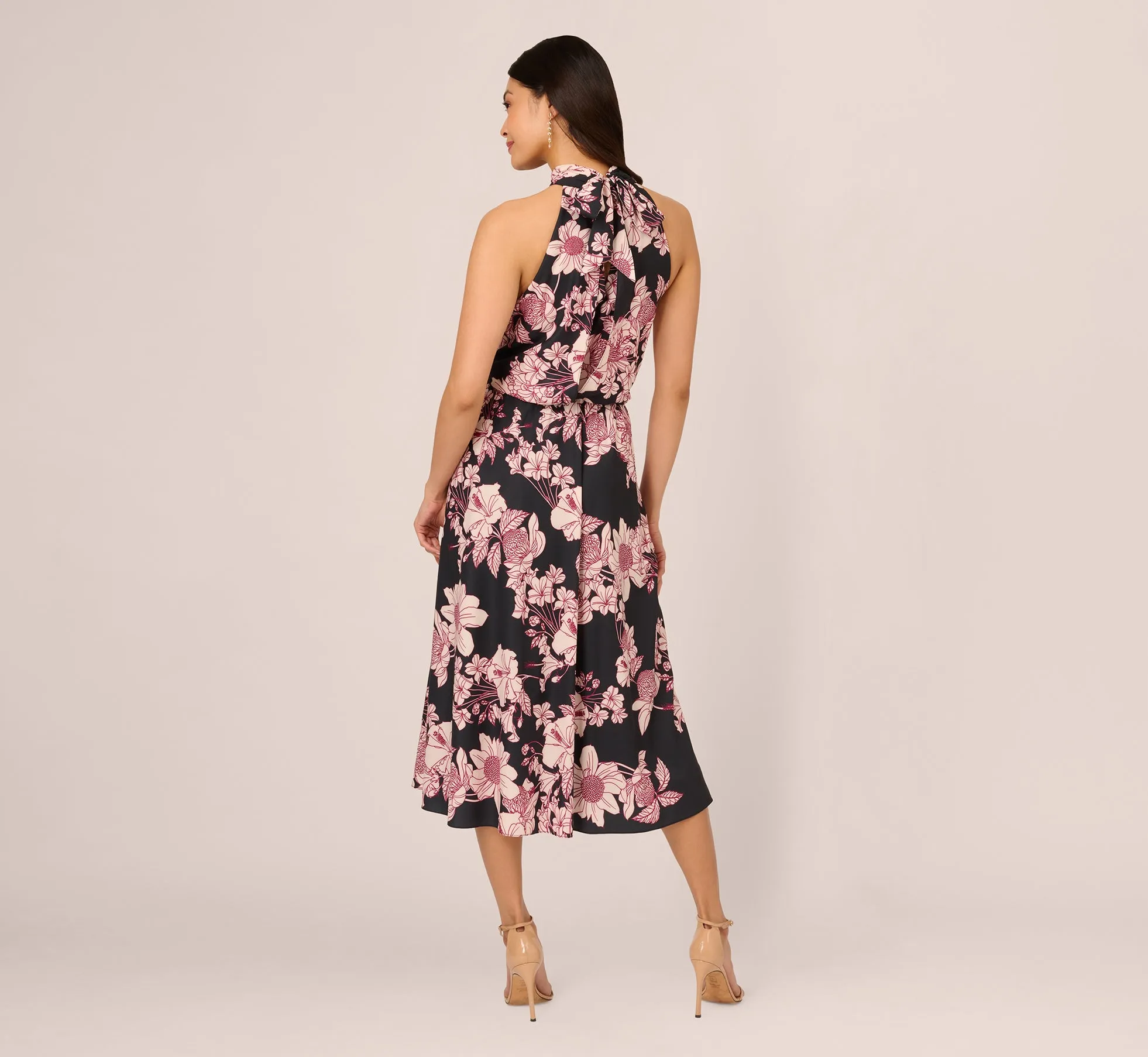 Floral Print Halter Midi Dress With Mock Neckline In Black Multi