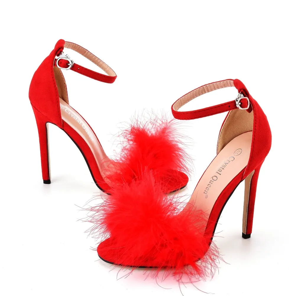 Fluffy Peep Toe Stilettos with Fur Feather