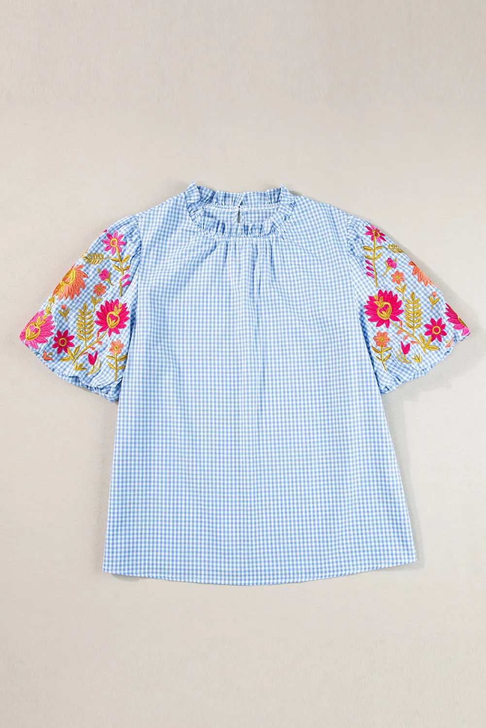 Gingham Floral Embroidered Puff Sleeve Blouse